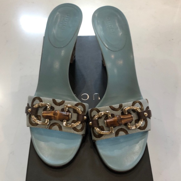 Gucci Shoes Sand Tess S. Cuoio Senna Horse.Bamboo MD/ LIFF sky azure/cocoa sz 8 - Picture 1 of 9